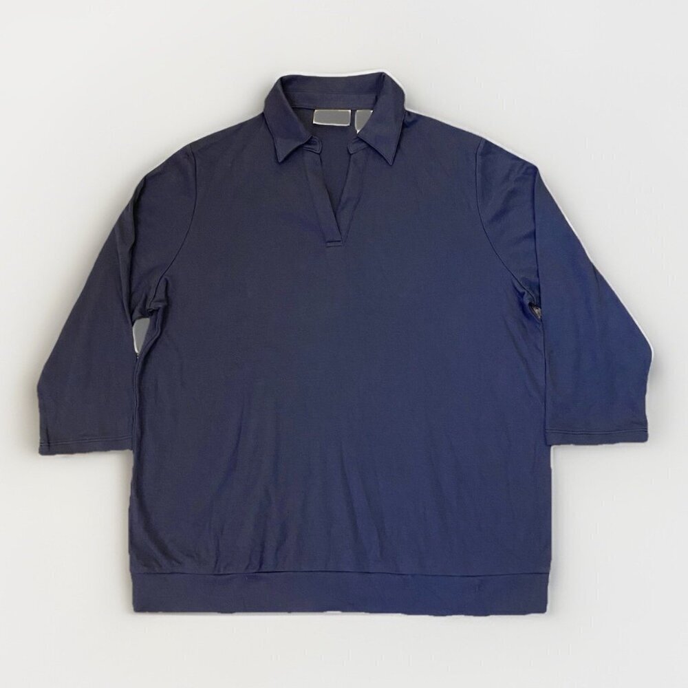 Draper's & Damon's Women's Polo Top Size L Navy 3/4 Sleeves Collared V-Neck GUC